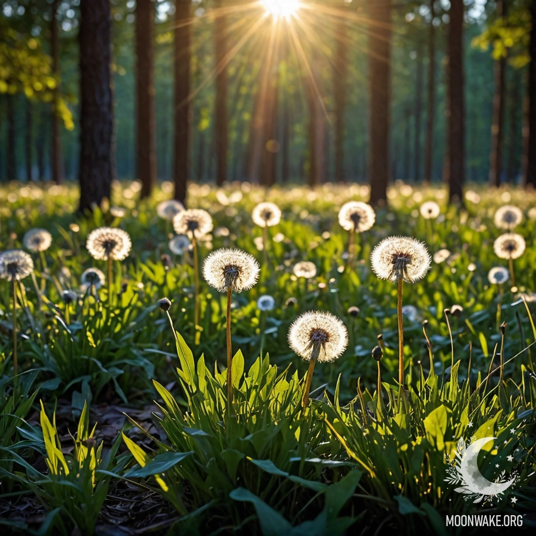 Крупный план одуванчиков, освещенных солнечными лучами, на фоне размытого леса ночью.
