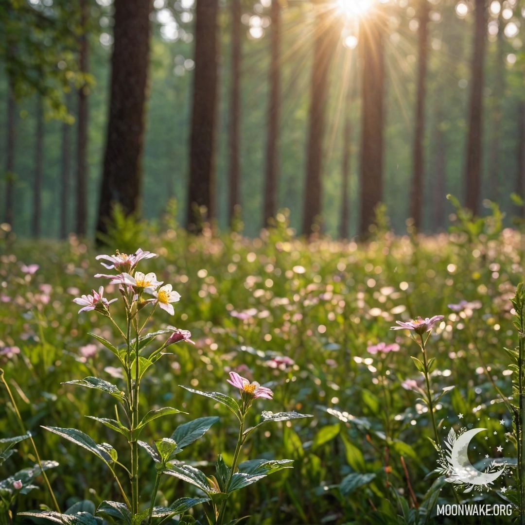 Ракурс на красивые цветы с размытым фоном леса и солнечными лучами.