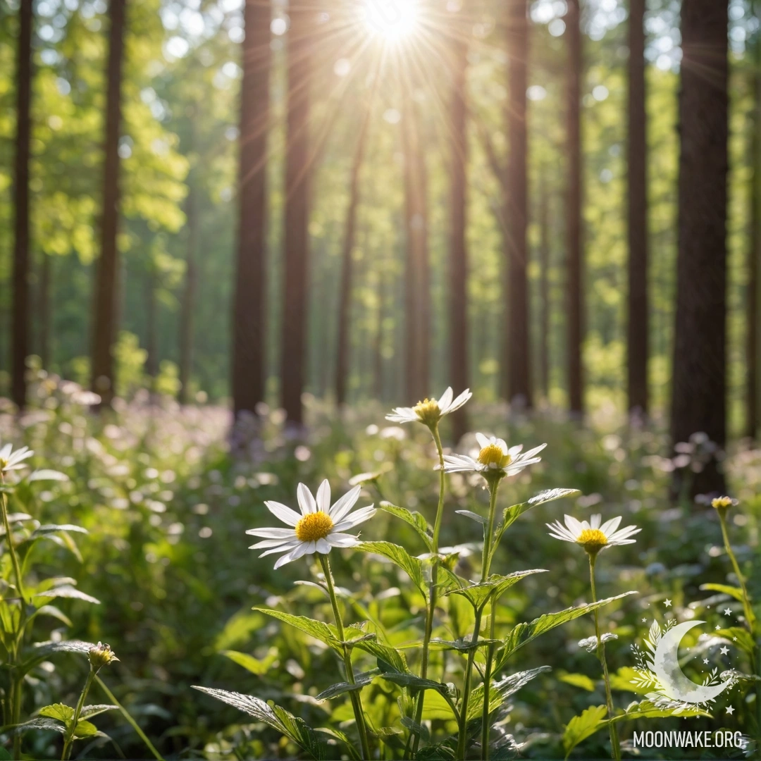 Крупный план ярких полевых цветов на фоне размытого леса и солнечных лучей.