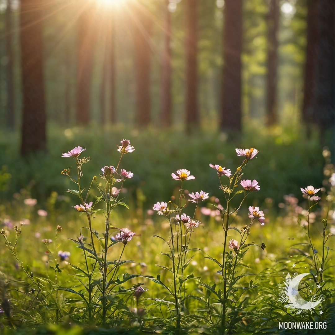 Крупный план ярких полевых цветов на фоне размытого леса, где сквозь деревья пробиваются солнечные лучи.