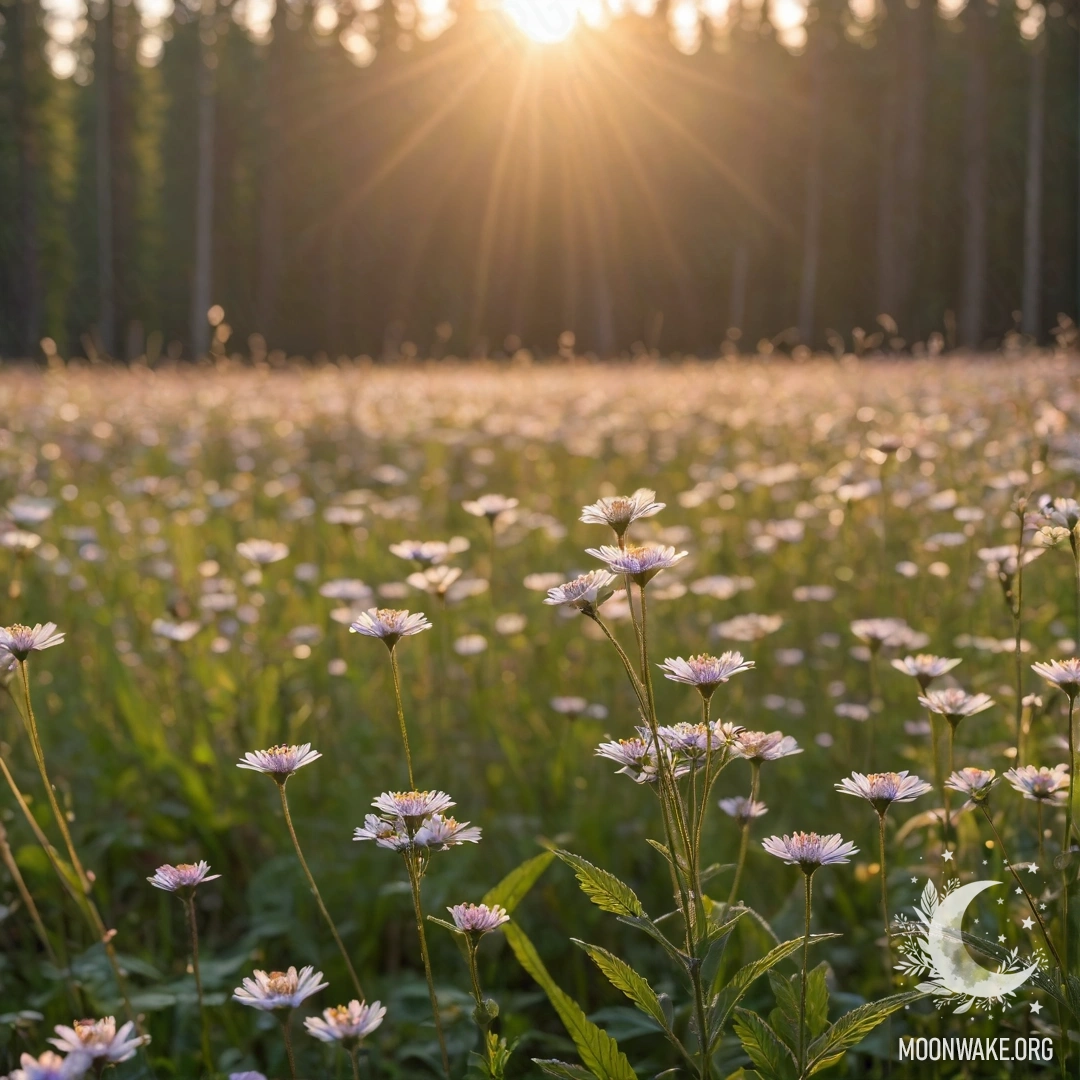 Крупный план нежных цветов на спокойном поле, освещенных мягкими лучами солнца, с размытым лесом на заднем плане.