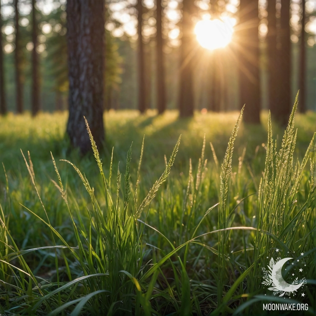 Крупный план травы на романтическом поле с размытым фоном леса и солнечными лучами, пробивающимися сквозь деревья на закате.