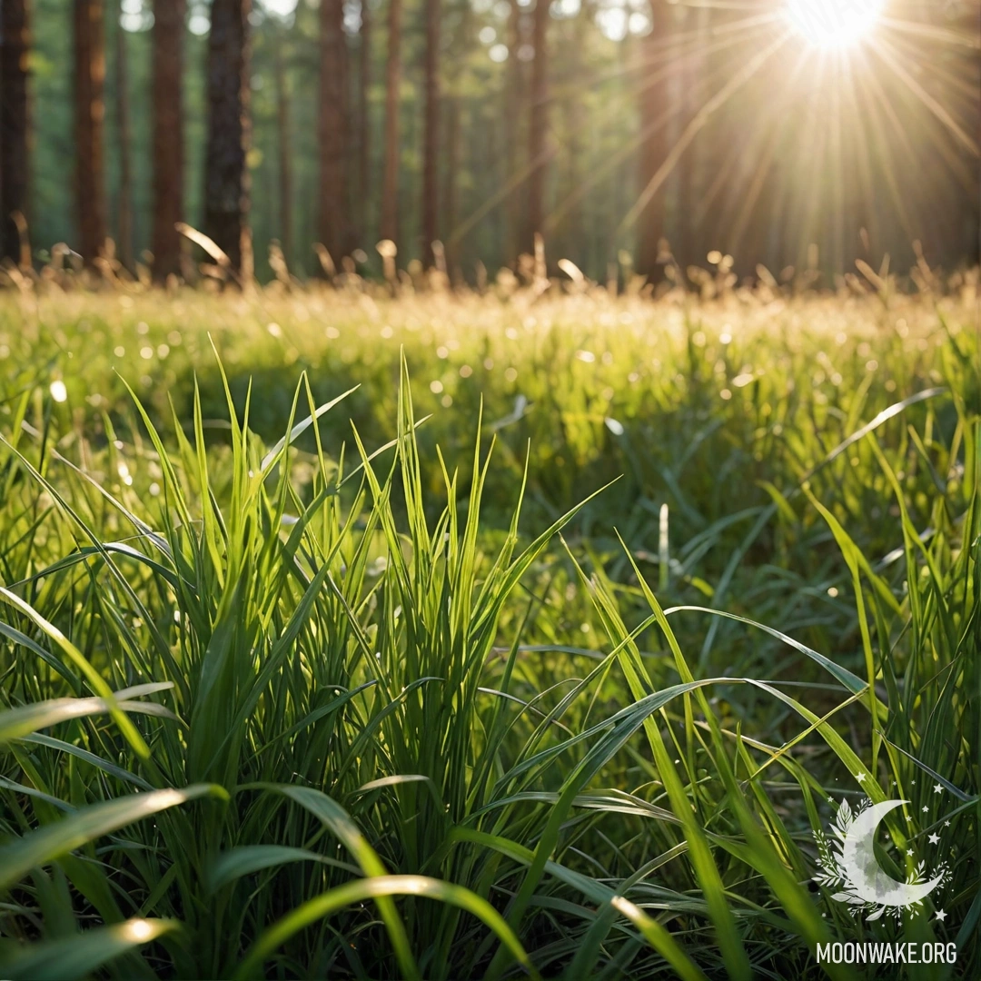 Крупный план травы на спокойном поле с солнечными лучами, пробивающимися сквозь лес в эффектах боке.