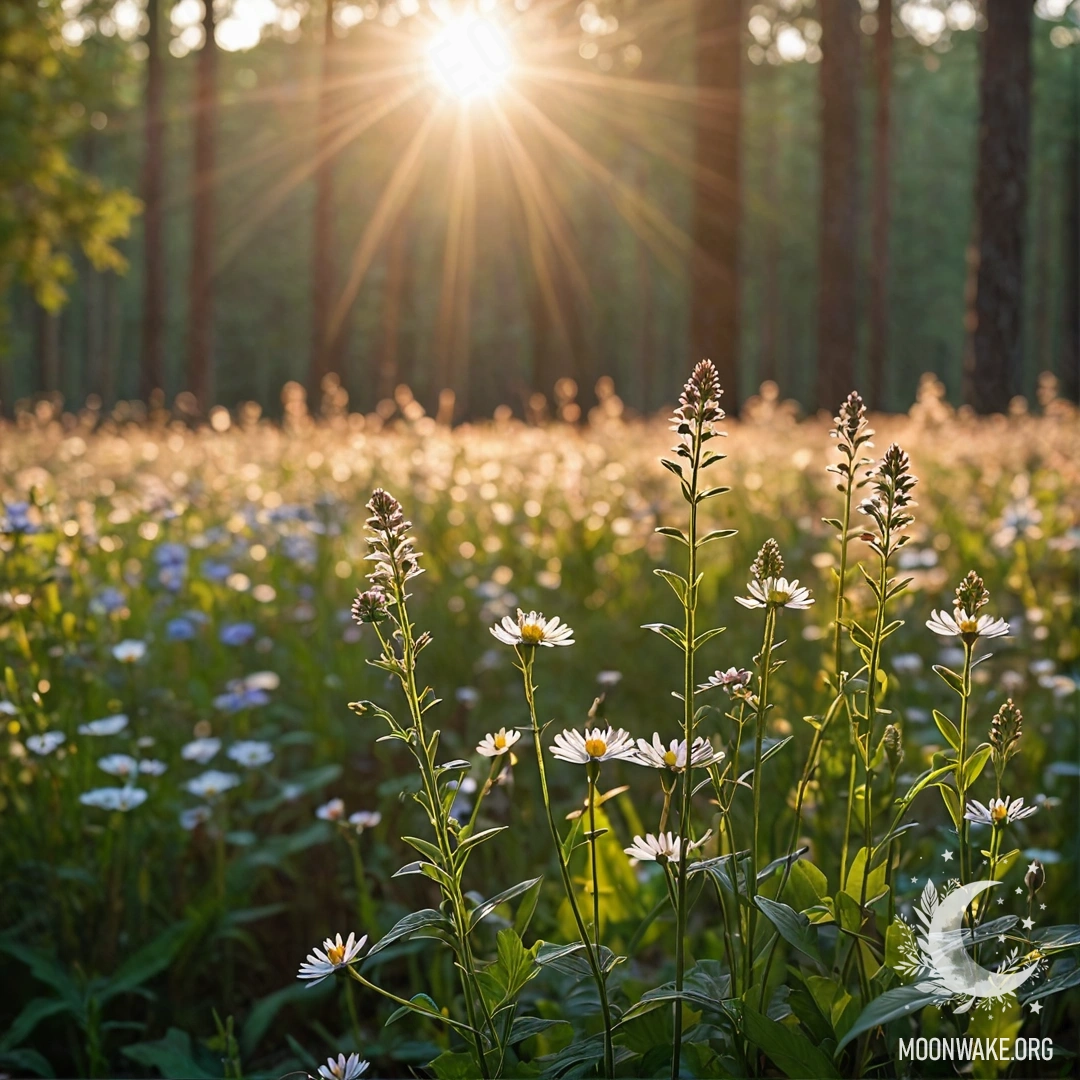 Крупный план спокойных полевых цветов на фоне рассеянного леса, залитого солнечными лучами в момент заката.