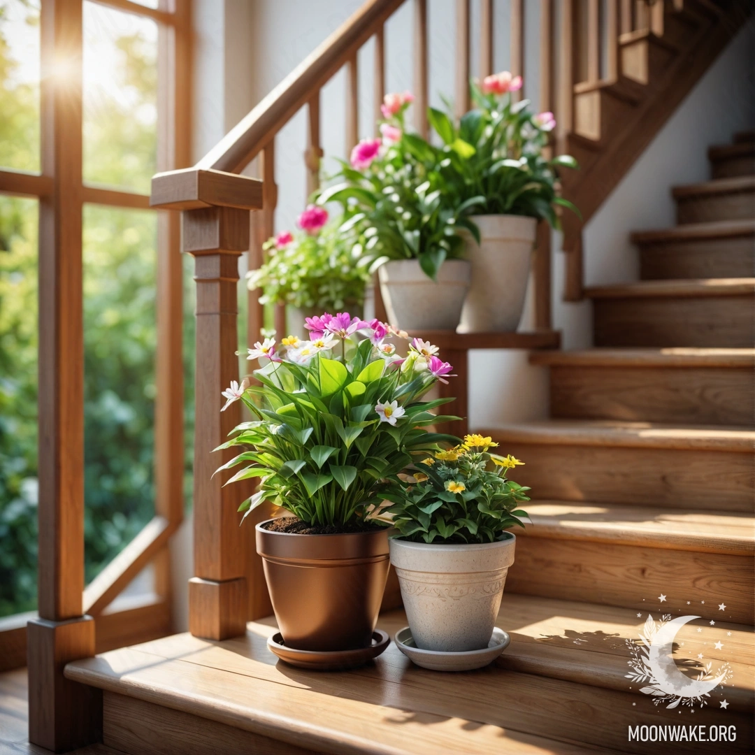 Деревянная лестница, украшенная яркими цветочными горшками, освещенная солнечными лучами.