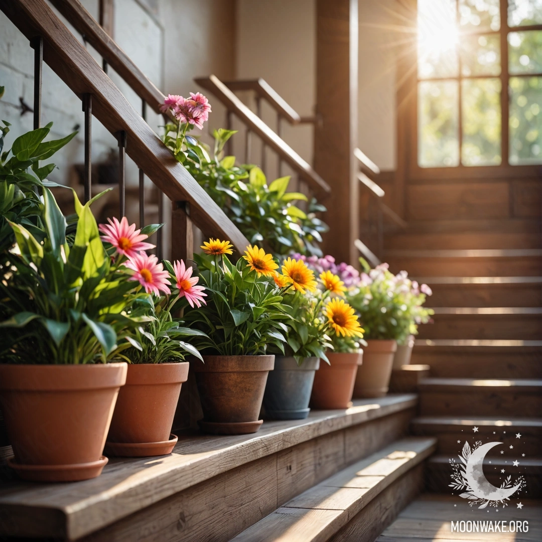 Живописный вид на цветочные горшки на деревянной лестнице, залитые солнечным светом.