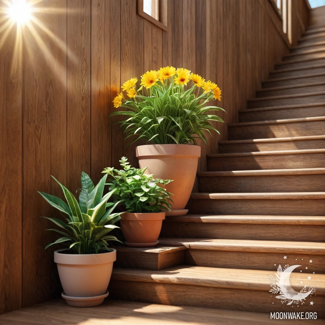 Деревянная лестница, украшенная цветочными горшками, освещенная солнечными лучами.