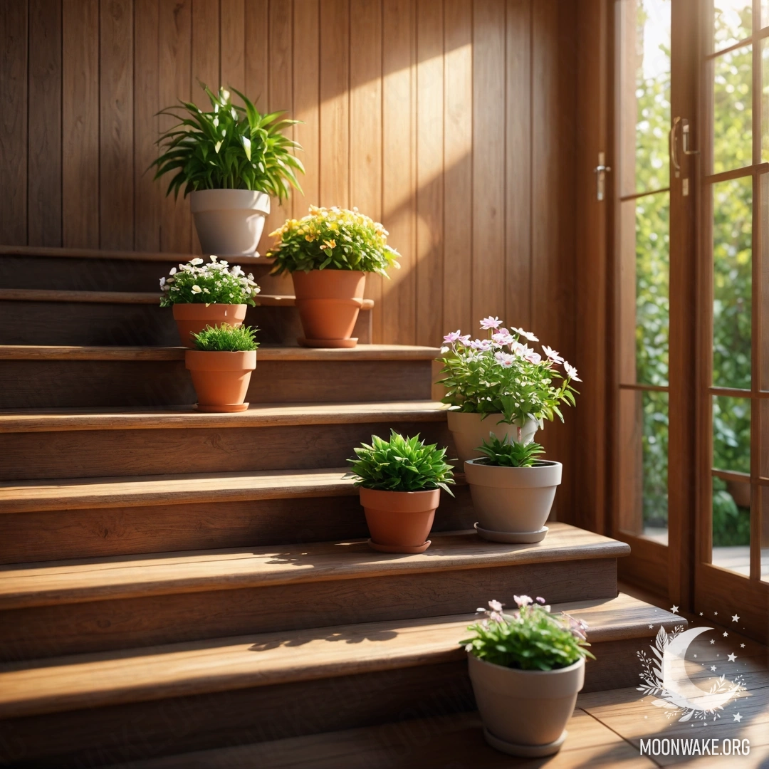 Деревянная лестница, украшенная цветочными горшками, озаряемая солнечным светом.