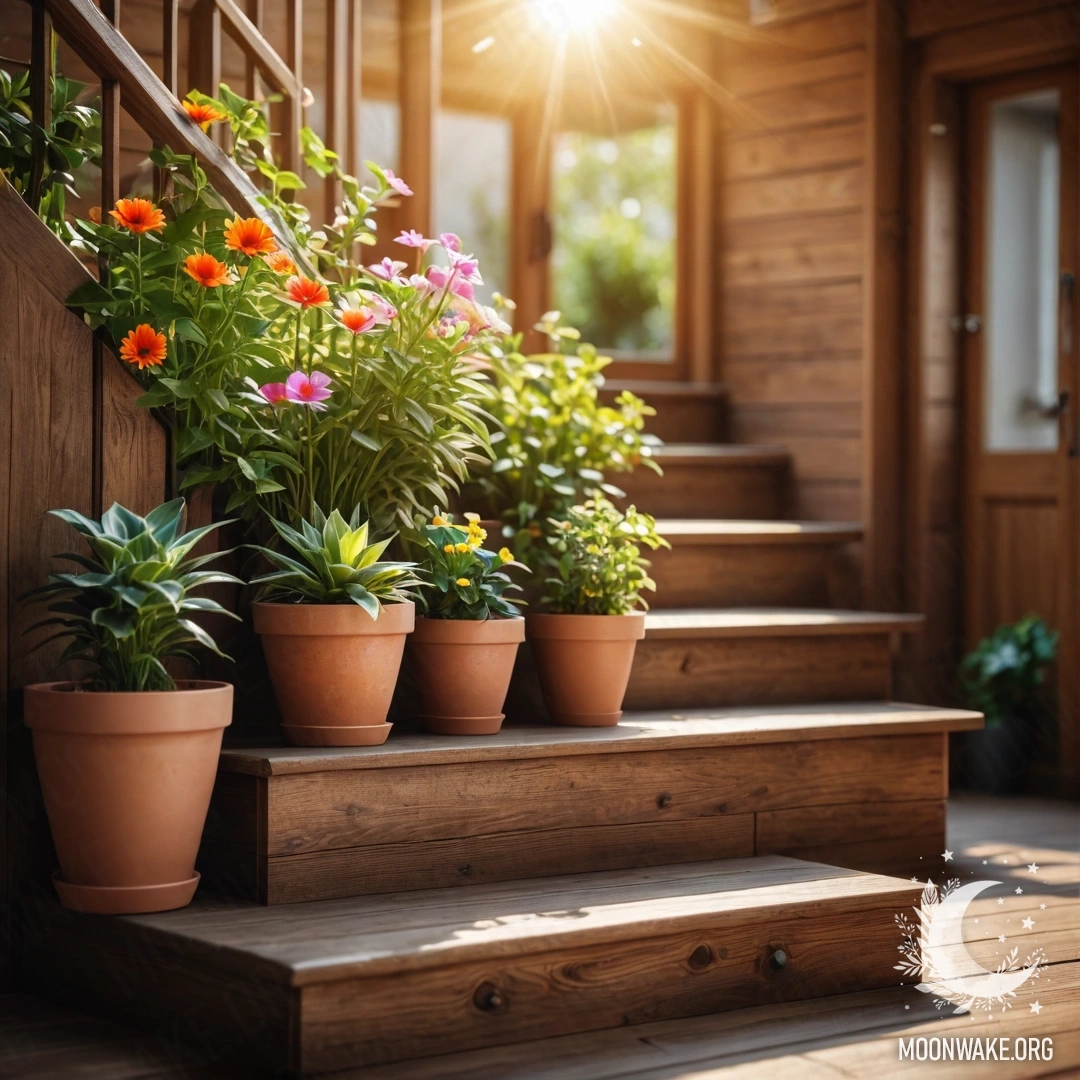 Деревянная лестница, украшенная яркими цветочными горшками, залитыми солнечными лучами.