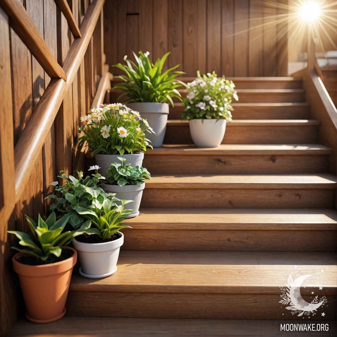 Деревянная лестница, украшенная цветочными горшками под солнечными лучами.
