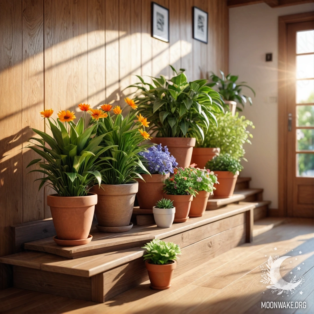 Крупный план цветочных горшков, расставленных на деревянной лестнице, освещенной мягкими солнечными лучами.