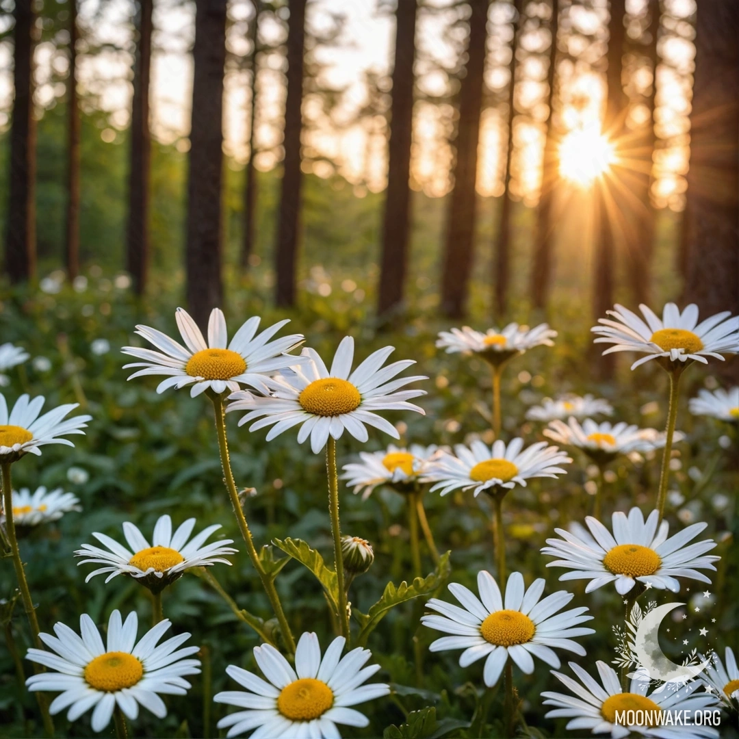 Крупный план ромашек, освещенных закатом в лесу.