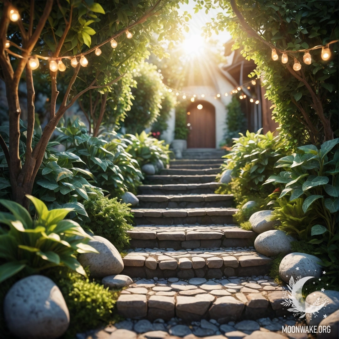 Красивый сад с гирляндами из огней, каменной дорожкой и деревянной лестницей, освещённой солнечными лучами.