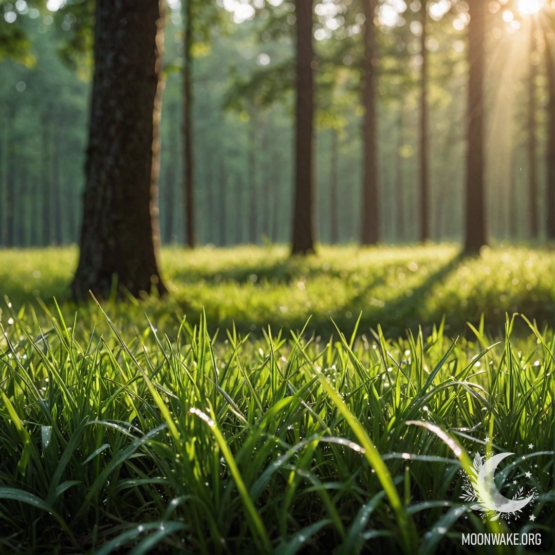 Крупный план травы на солнце с размытым лесным фоном.