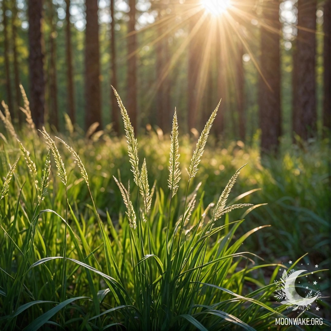Крупный план травы, освещенной солнечным светом, с размытым лесным фоном.