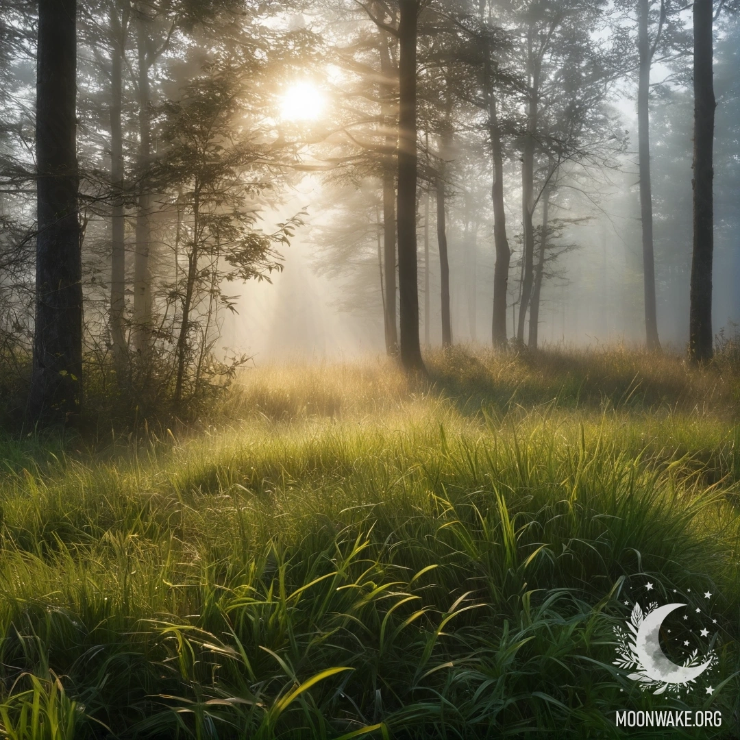 Крупный план красивой травы на фоне размытого леса, солнце пробивается сквозь деревья.