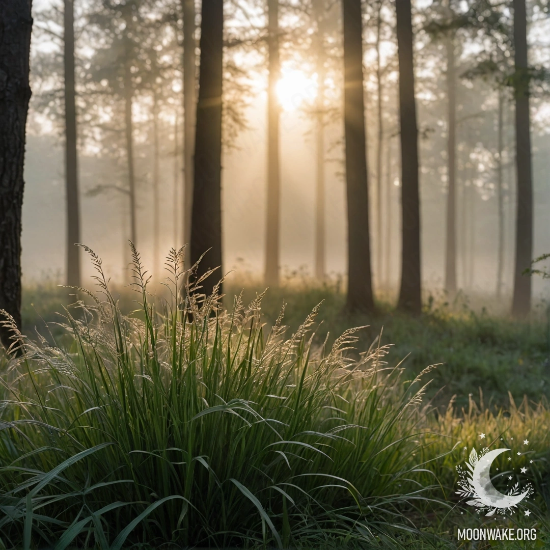 Крупный план нежной травы на солнечном свете с размытым фоном леса.