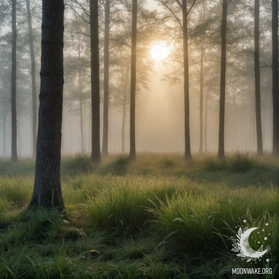 Крупный план травы на фоне размытых лесных объектов и солнечных лучей.