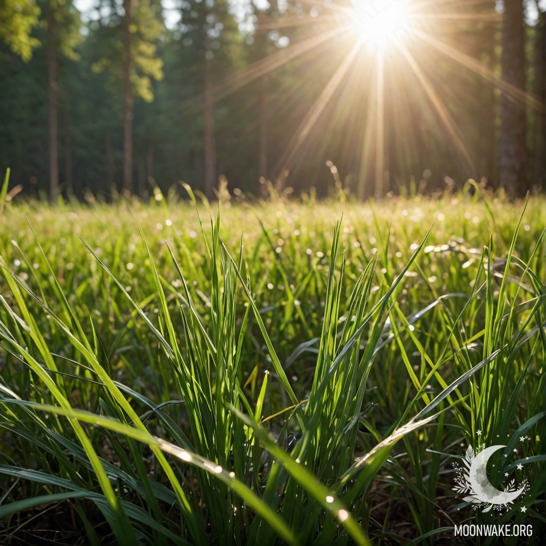 Крупный план травы на мирном поле с размытым лесным фоном.