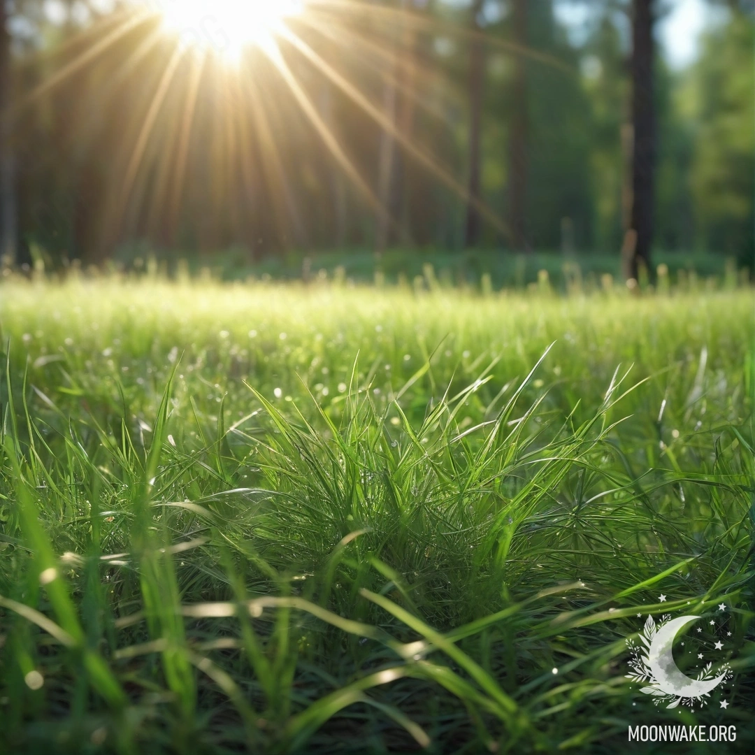 Крупный план травы на солнечном поле с размытым лесом на заднем плане.