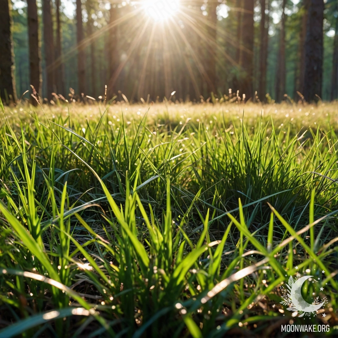 Крупный план травы на поле с солнечными лучами, пробивающимися сквозь деревья.