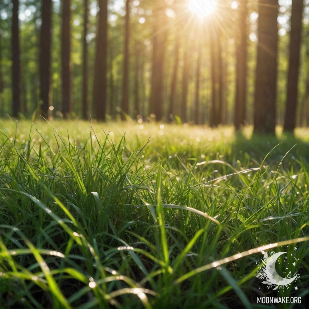 Крупный план красивой травы на фоне размытого леса, сквозь деревья проникает солнечный свет.