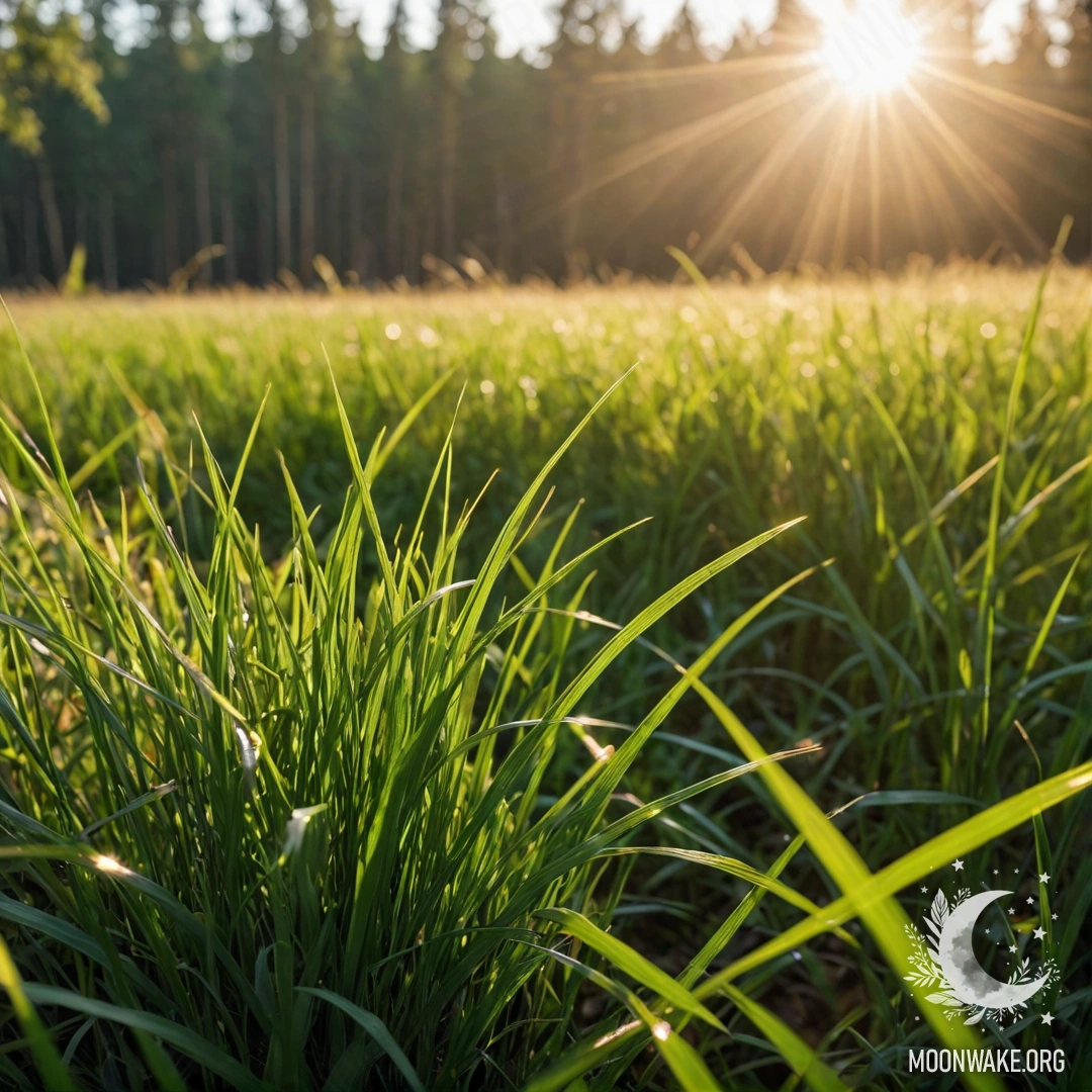 Крупный план травы на поле с лесом в боке и солнечными лучами.