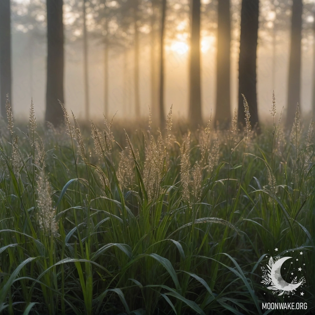 Крупный план красивого травяного поля на фоне размытых лесных деревьев в тумане с солнечными лучами
