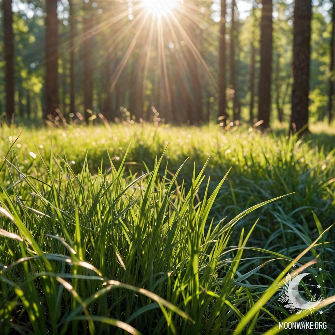Крупный план травы на мирном поле с размытой фоном леса и солнечными лучами.