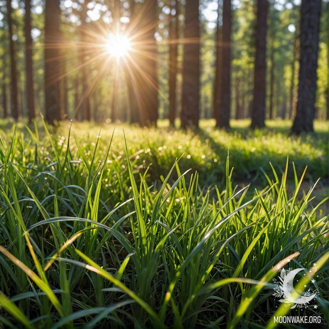 Крупный план нежных травинок, освещенных солнечными лучами, на фоне размытых лесных деревьев с мягкими эффектами боке.