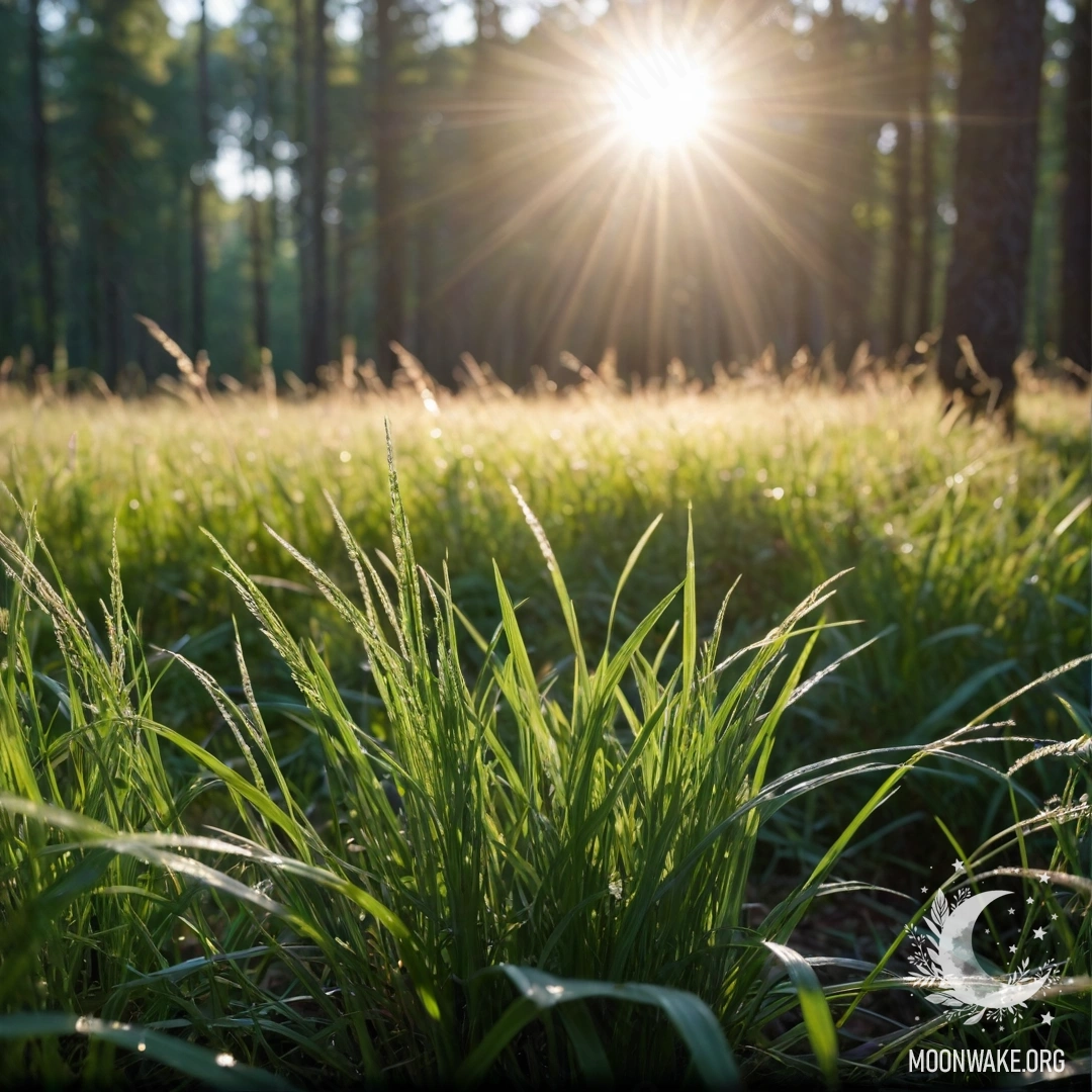 Крупный план травы на спокойном поле с солнечными лучами и расплывчатым лесом на заднем плане.