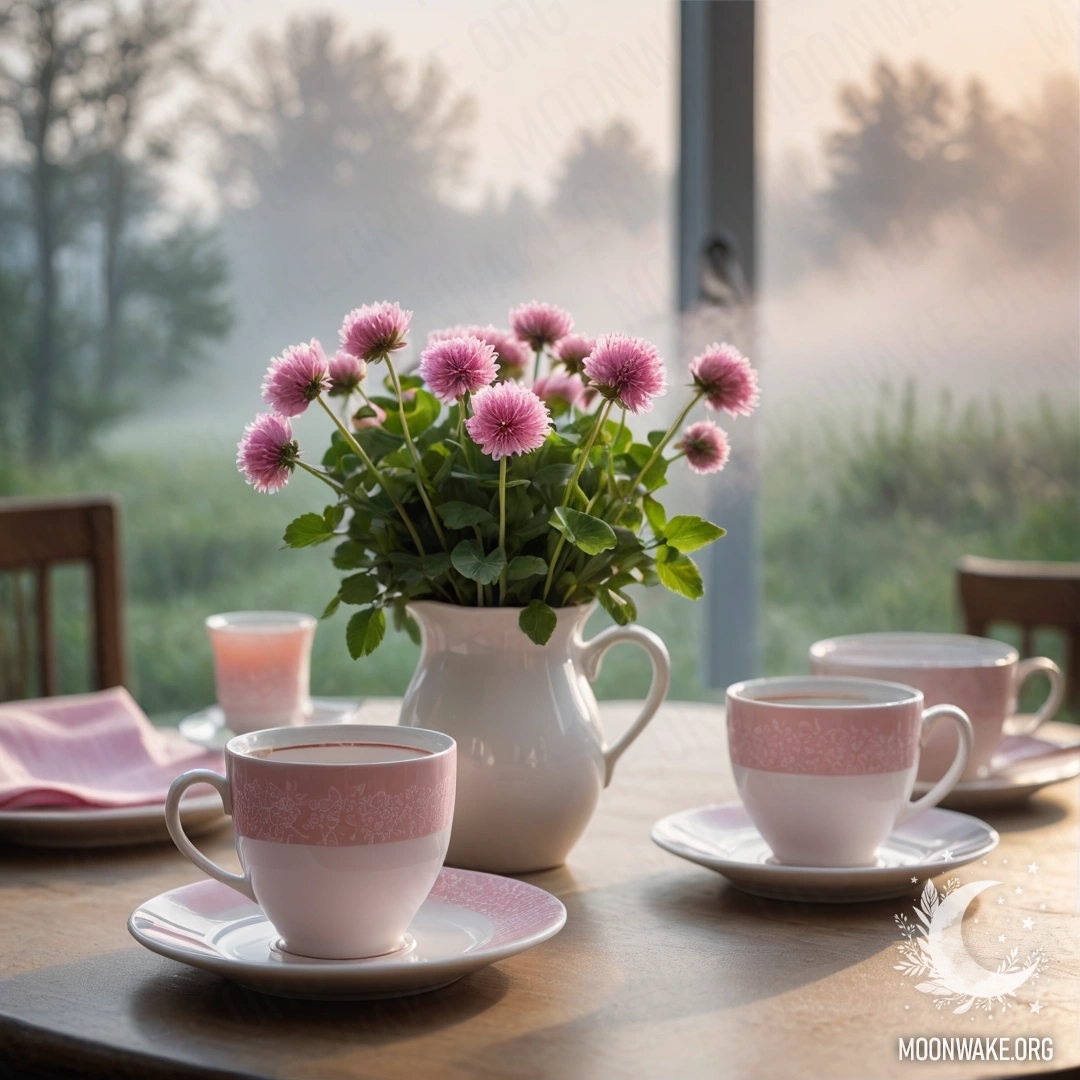 Корзина, полная маленьких белых цветов, стоит на деревянном столе, мягко освещённая солнечными лучами.