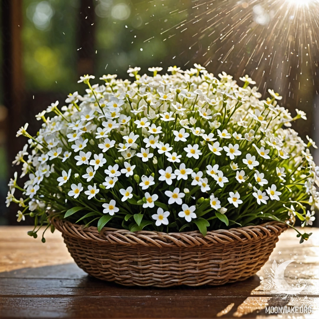 Нежная корзина, наполненная маленькими белыми цветами, стоит на деревянном столе, освещенная солнечными лучами, под падающим дождем.