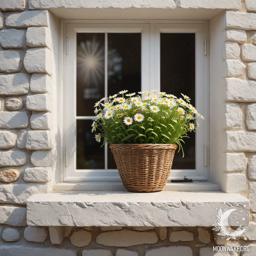Красивые белые каменные стены с открытым окном и корзиной с ромашками на подоконнике, освещенные солнечными лучами.