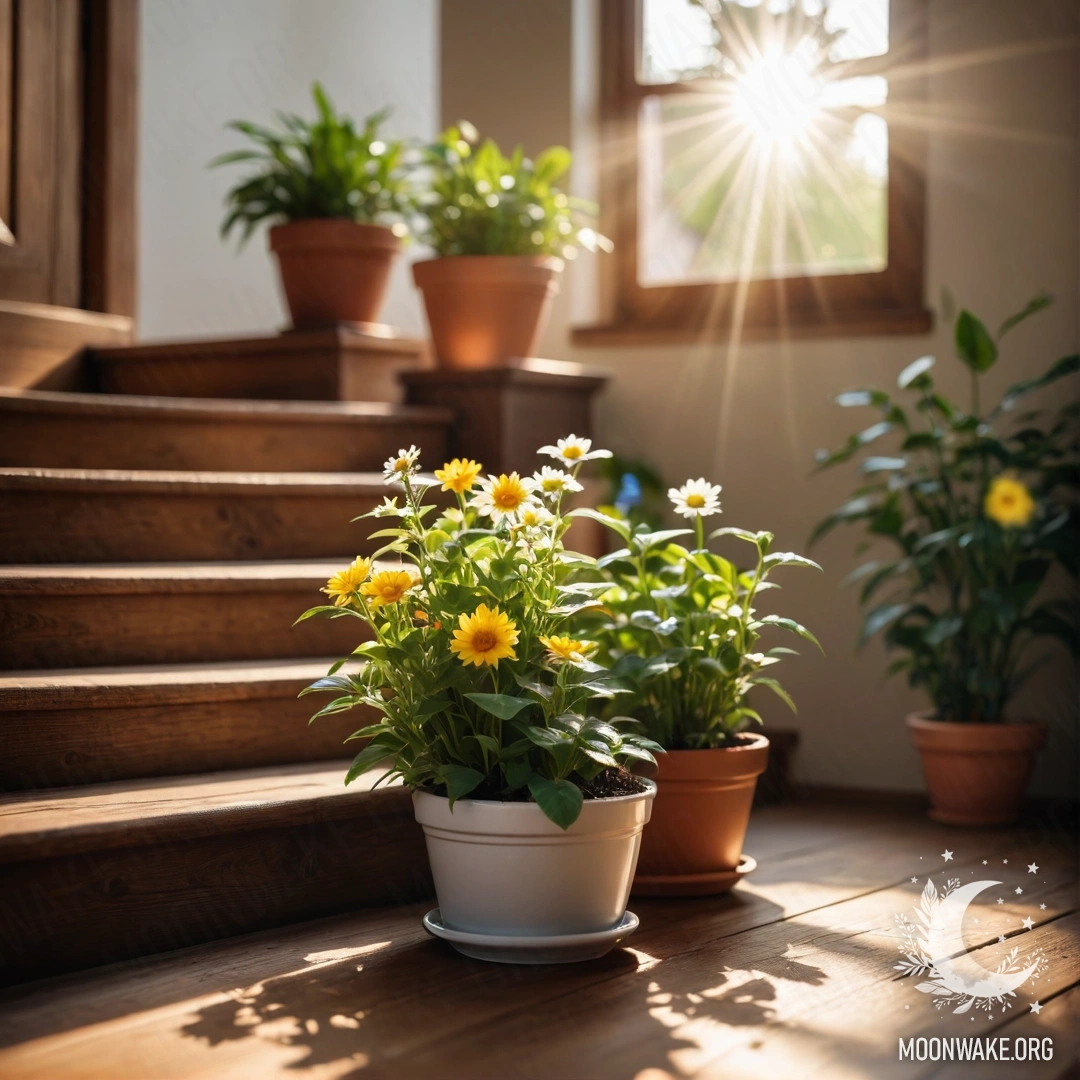 Мирная деревянная лестница, украшенная цветочными горшками под солнечными лучами.