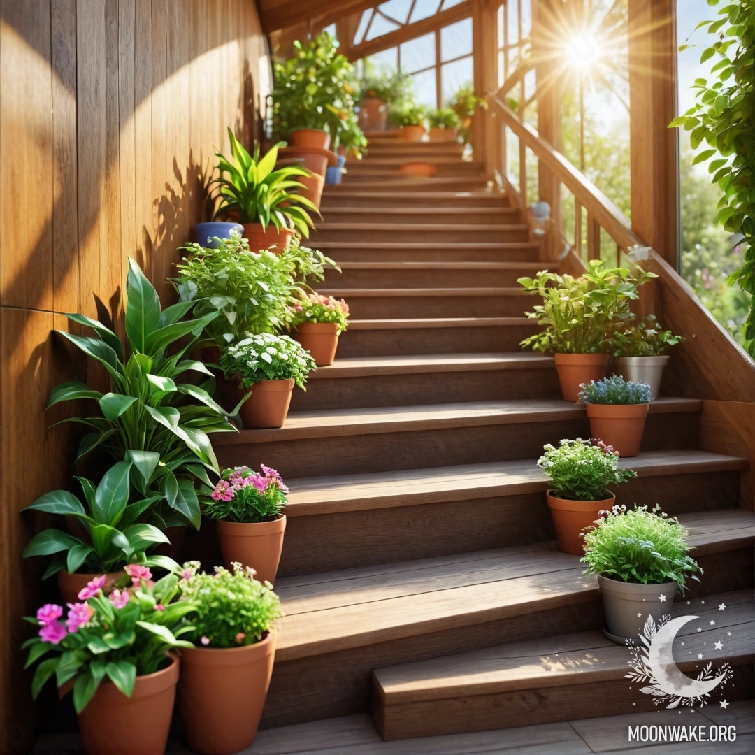 Деревянная лестница, украшенная цветочными горшками, освещённая солнечными лучами.