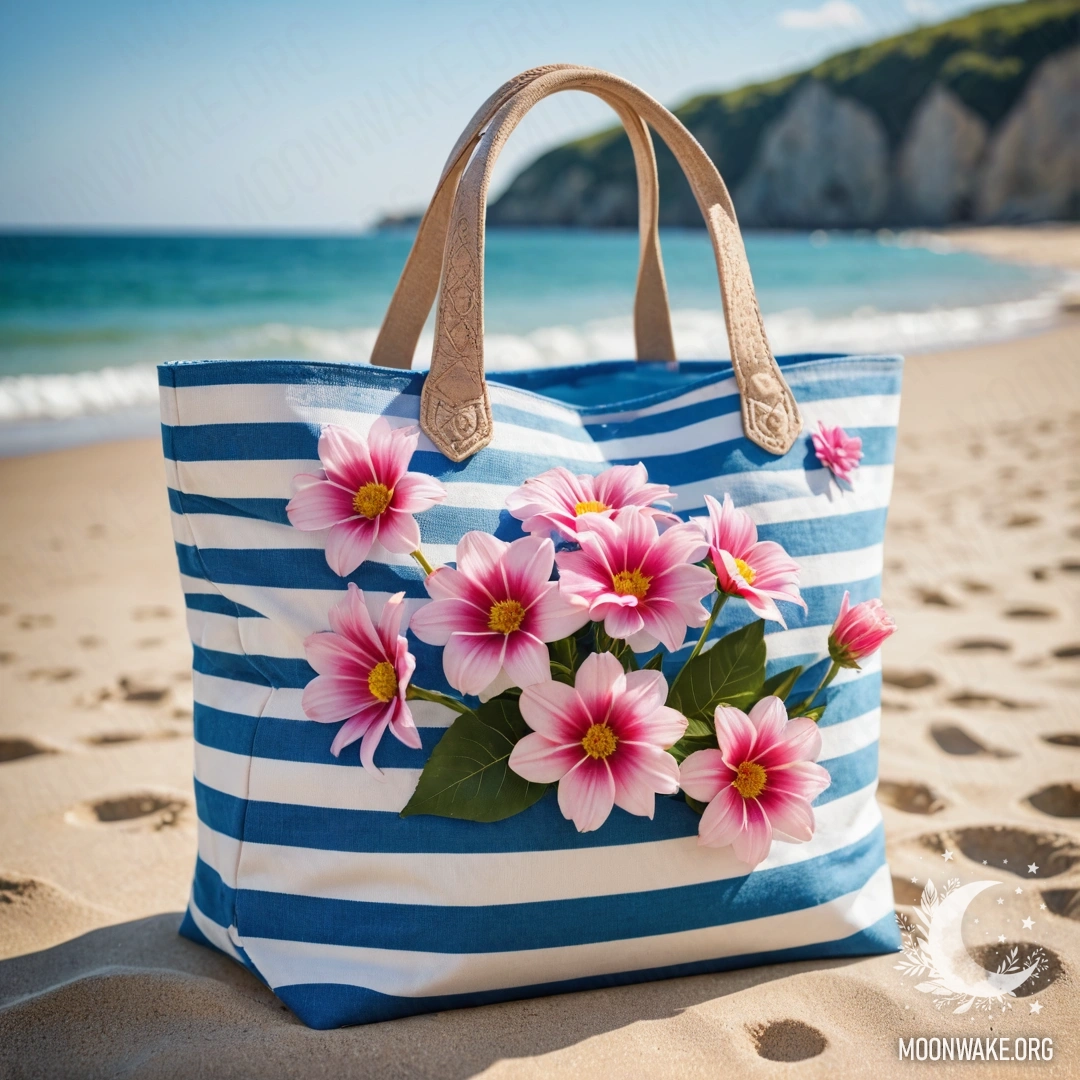 Белый и синий полосатый мешок, наполненный розовыми цветами на песчаном пляже.