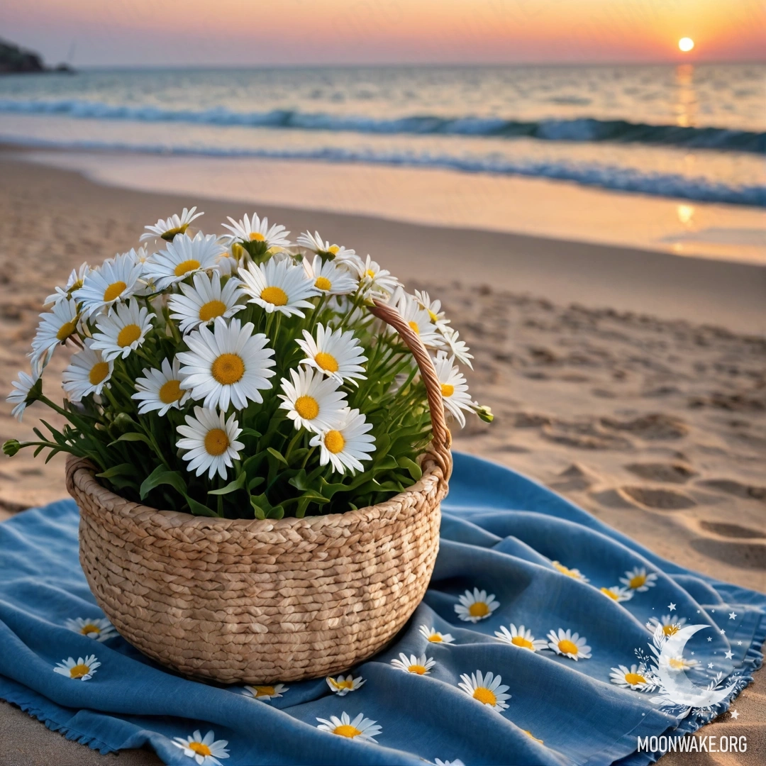 Соломенная сумка с голубой скатертью и букетом ромашек на песчаном пляже на закате, на фоне моря.