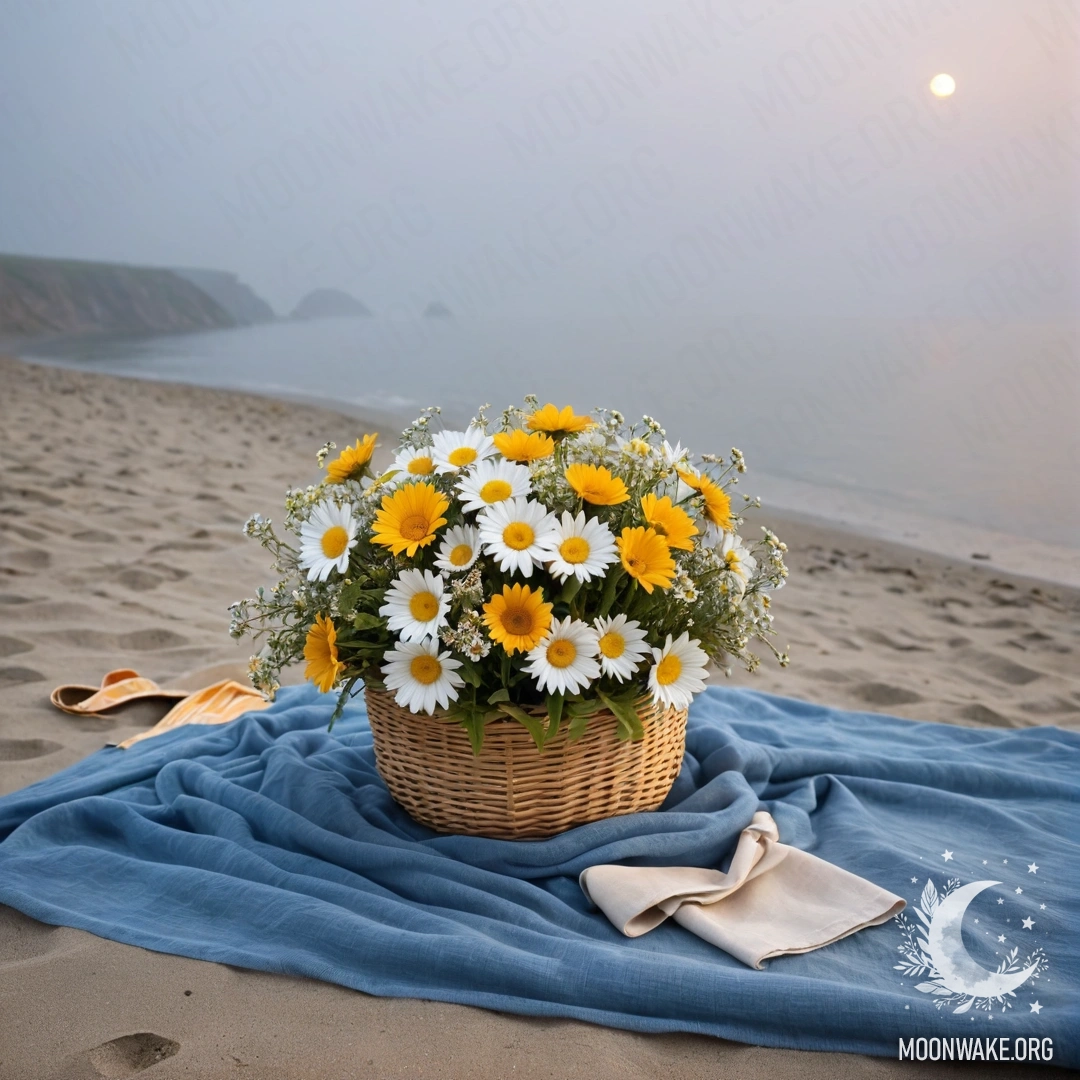 Соломенная сумка с синей скатертью и букетом ромашек на песчаном пляже на закате с густым туманом на заднем плане.