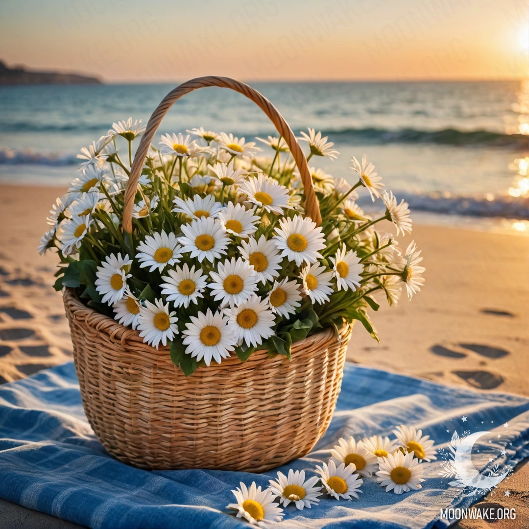Соломенная сумка с голубой скатертью и букетом ромашек на песчаном пляже на закате.