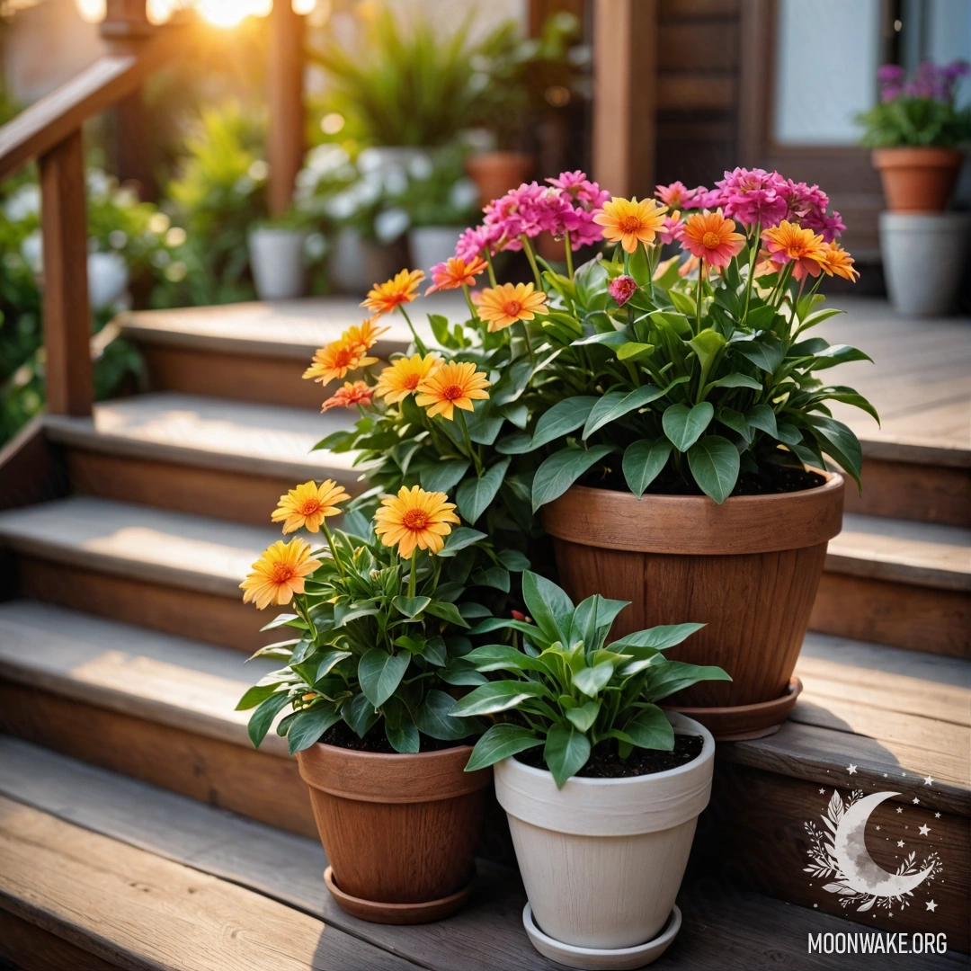 Красивая деревянная лестница, украшенная цветочными горшками на закате.