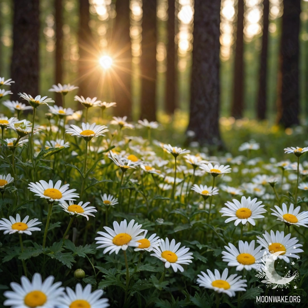 Крупный план белых ромашек, освещенных гирляндой света в лесу.