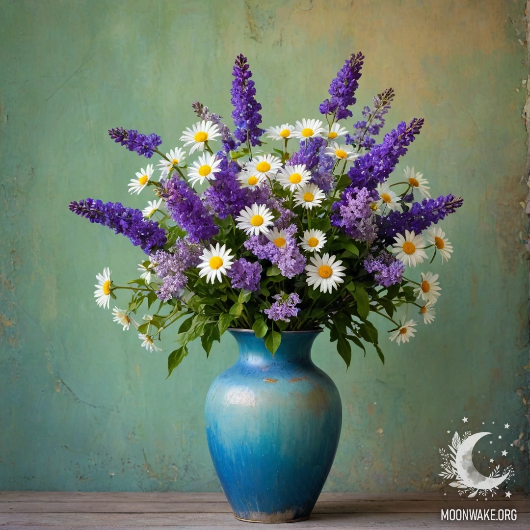 Старый металлический синий вазон с ромашками и сиренью на зеленоватой стене во время заката.