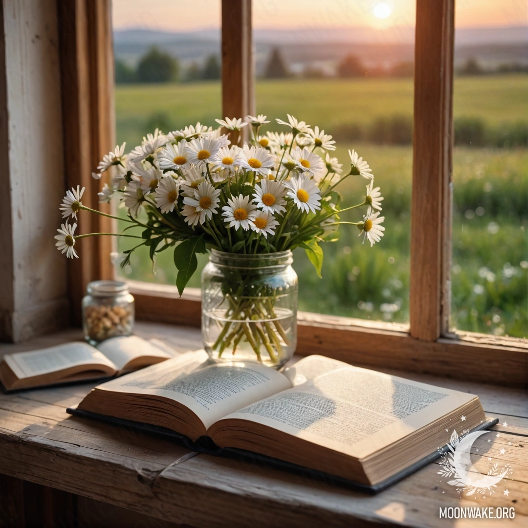 Фотореалистичное изображение старинного деревянного подоконника с банкой ромашек и открытой книгой на фоне заката.