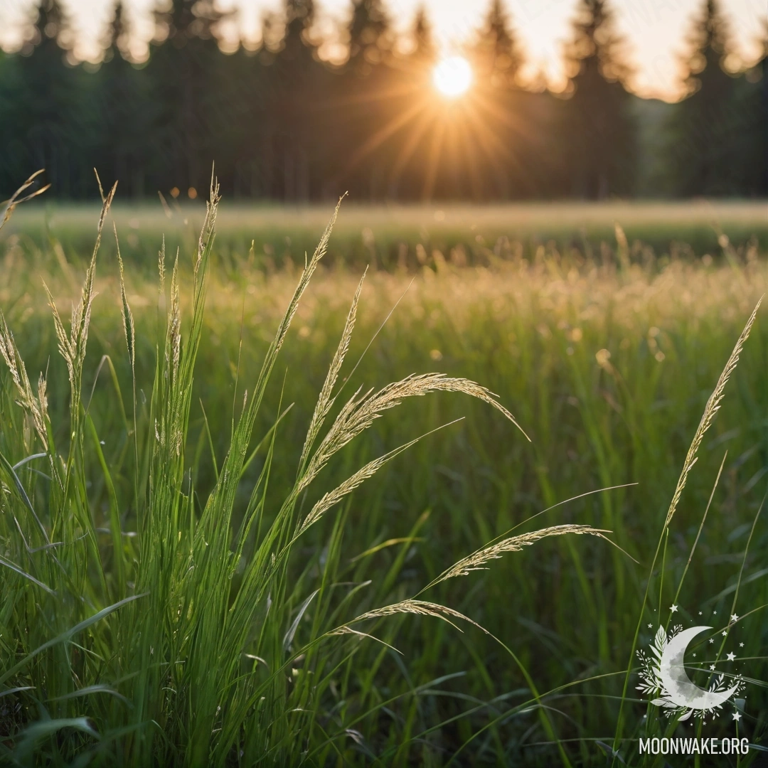Крупный план травы в поле с размытым фоном леса на закате.