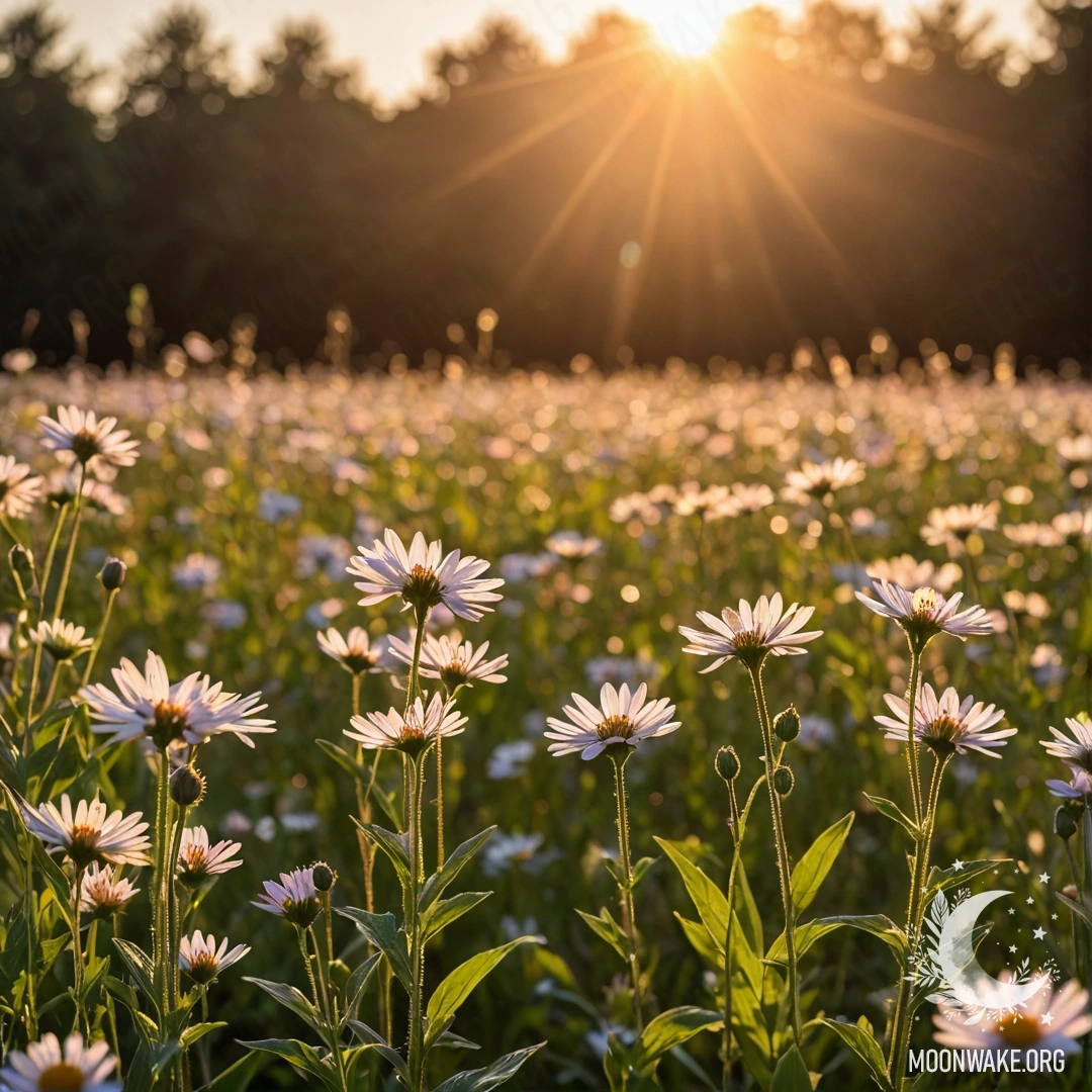 Крупный план цветов на спокойном поле, освещённый закатным боке и солнечными лучами.