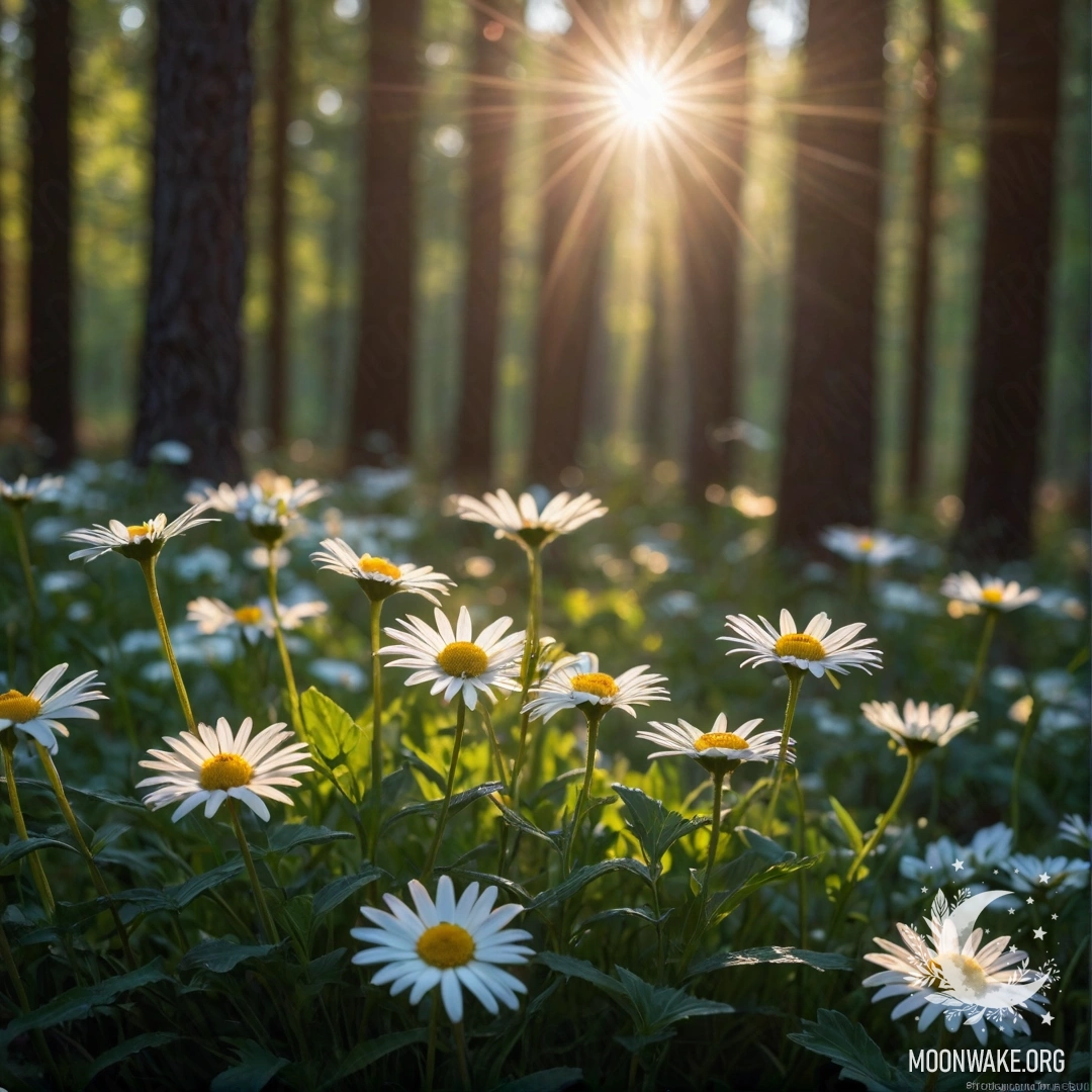 Крупный план ромашек, освещённых солнечными лучами на закате в лесу