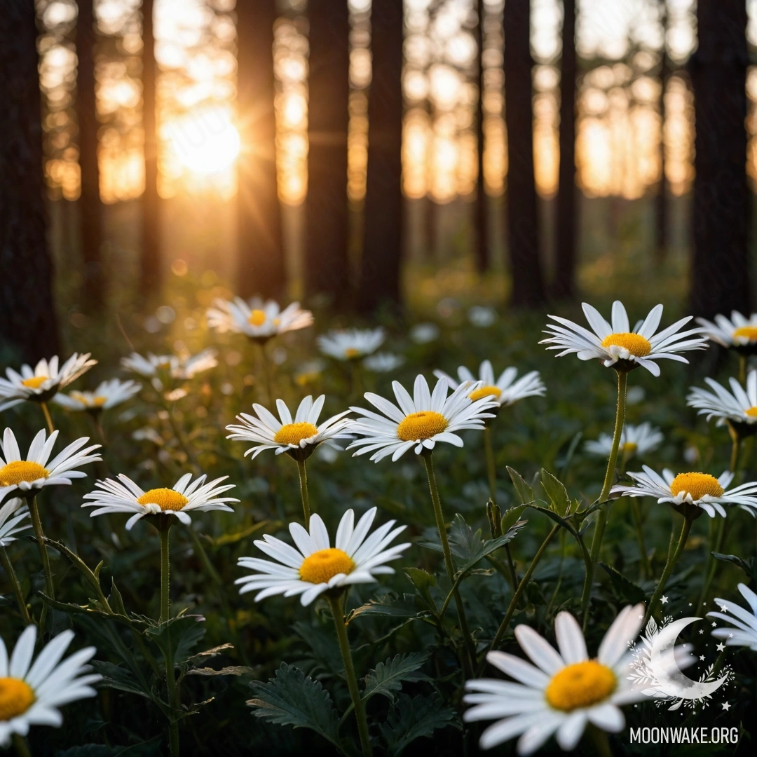 Крупный план ромашек на фоне заката с лучами солнца, проникающими сквозь деревья.