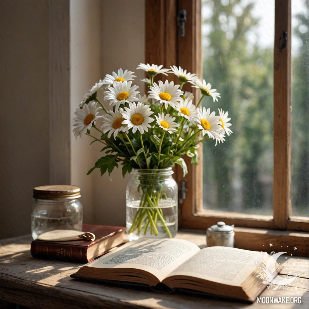 Романтический крупный план ромашек при закатном свете, пробивающемся сквозь деревья.