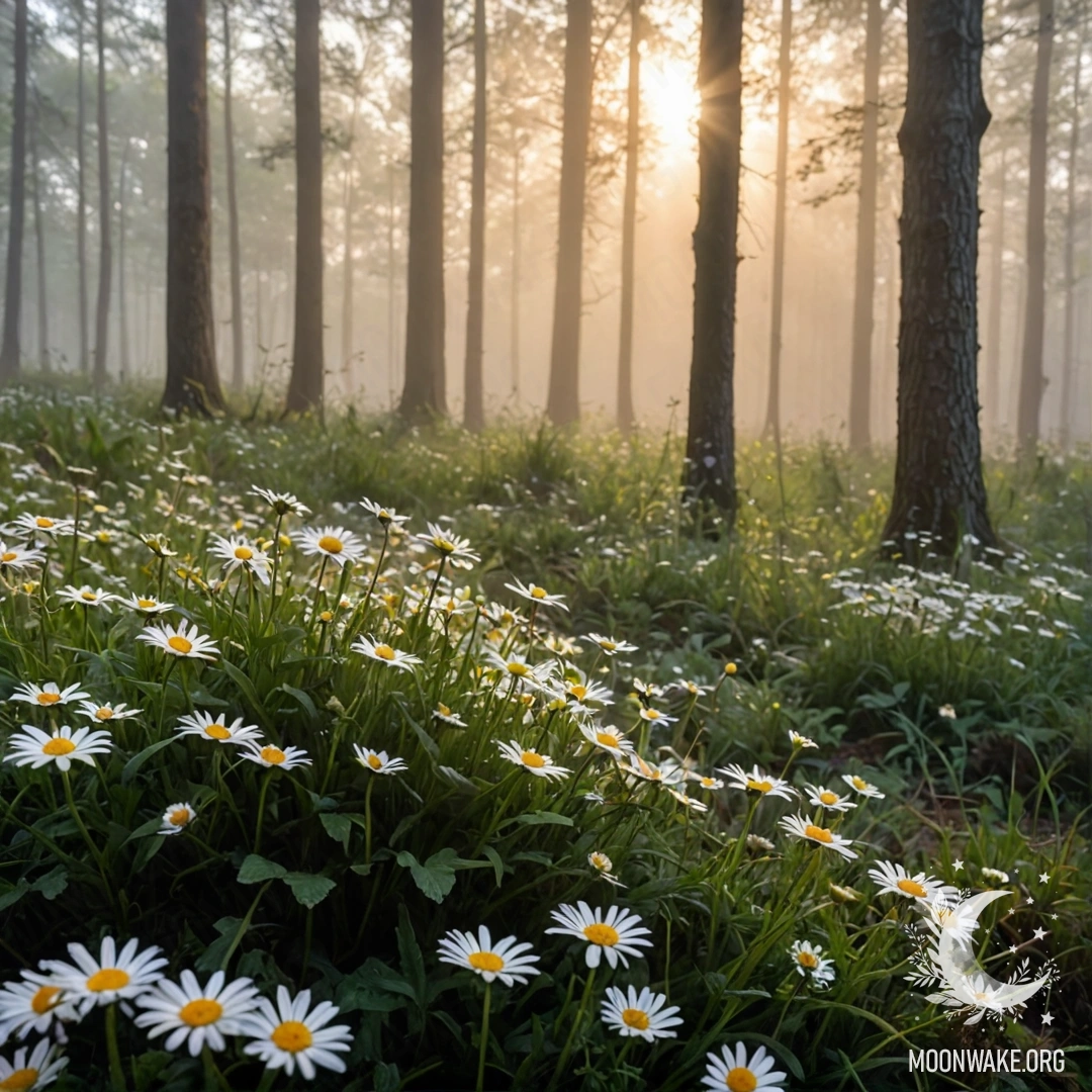 Солнце заходит за деревья в туманном лесу с ромашками на переднем плане.